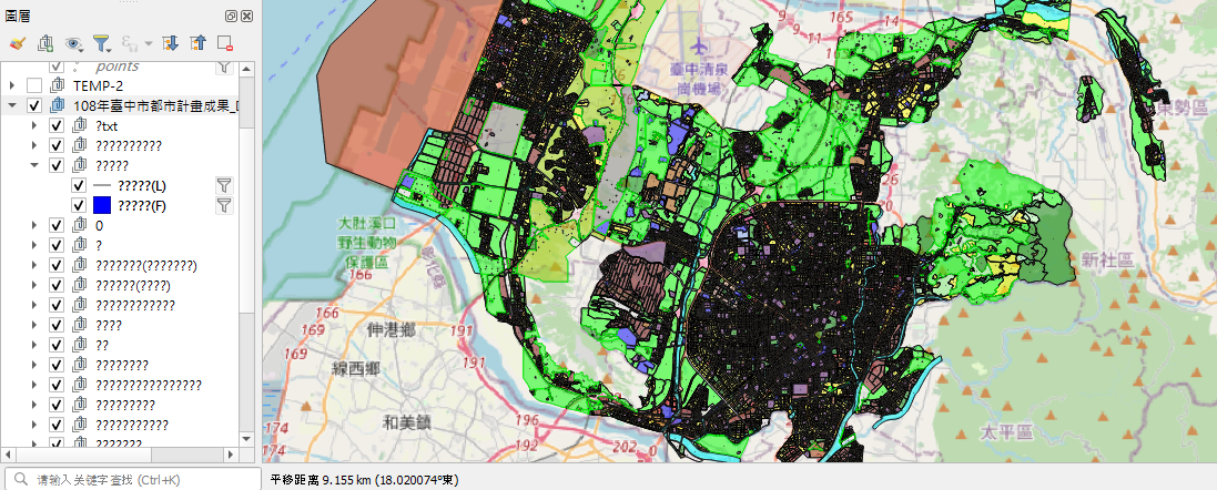 圖11、QGIS外掛導入DXF檔功能-Step3：導入完成，但中文編碼問題尚待克服