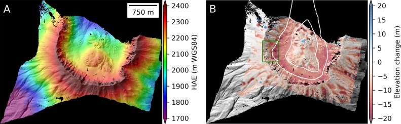 圖5、SkySat-C產製之聖海倫山2019年10月之 (A) DEM及 (B)與4月間高程差 (Bhushan et al., 2021)