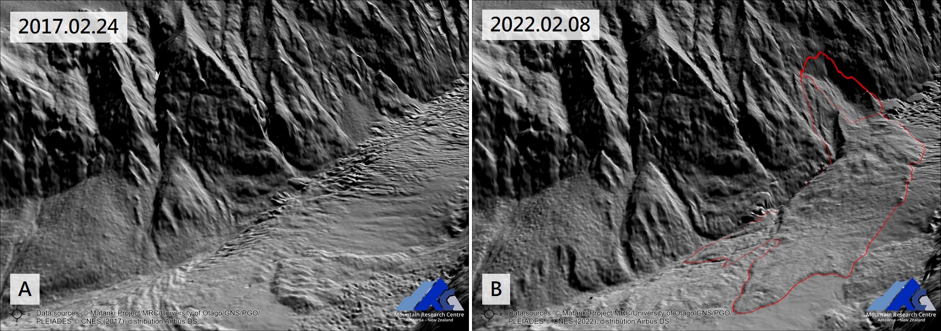 圖7、Pléiades衛星建構碧翠斯山兩期DSM差異示意圖 (A) 2017年2月及 (B) 2022年2月 (MRC)