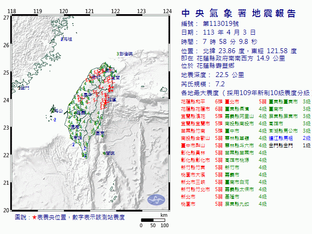 圖十七、113年第19號地震報告(資料來源：中央氣象署)