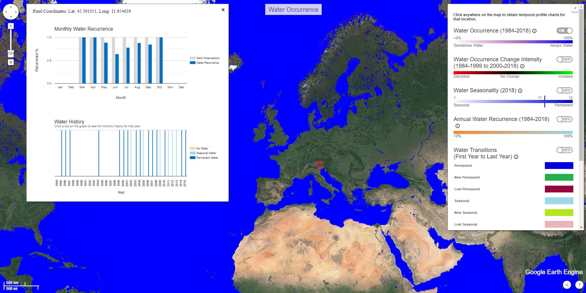 圖2、Global Surface Water Explorer 展示水體分布圖資(https://global-surface-water.appspot.com/map)。(註：本圖資亦已收錄於BigGIS https://gis.ardswc.gov.tw)