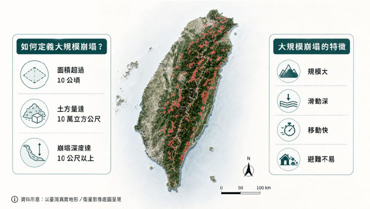 圖2、臺灣大規模崩塌計畫執行區分布與大規模崩塌定義。大規模崩塌通常具有規模大、滑動深、 移動快及避難不易等特徵；本圖以臺灣地形底圖呈現，並整理面積、土方量與崩塌深度等判定指標。[1][2]