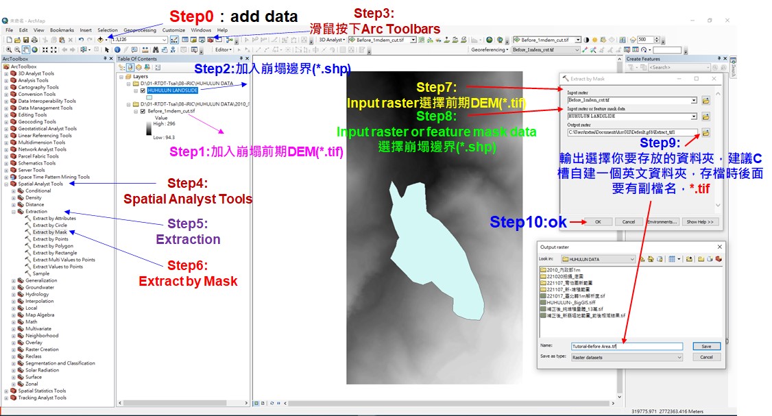 圖13. 利用ArcMap的ArcToolbox工具箱所提供之空間分析模組(Spatial Analyst Tools)的萃取(Extraction)工具將後期DEM配合崩塌邊界shapefile進行萃取