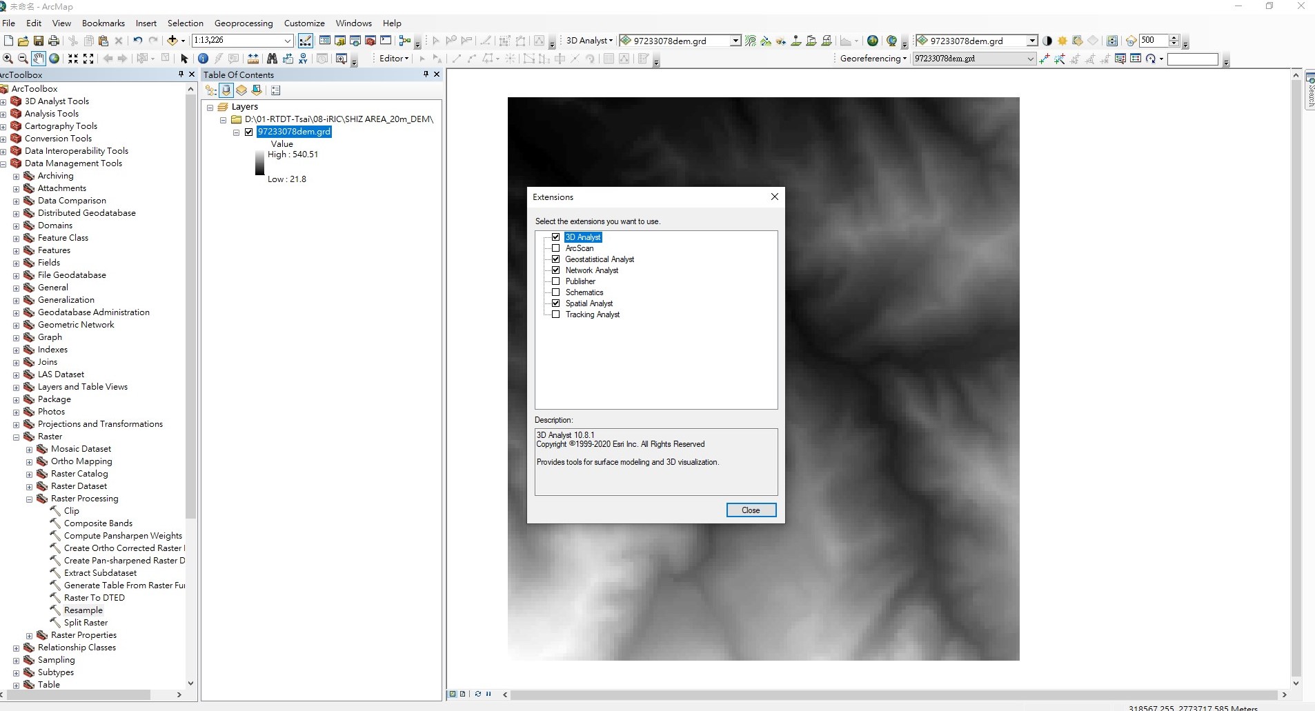 圖9. ArcMap工具列Customize->Extension->將3D Analyst、Geostatistical Analyst、Network Analyst、Spatial Analyst打勾->Close