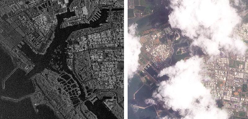 圖2、有雲遮時雷達衛星影像與光學衛星影像的比較，左圖為雷達影像，右圖為光學影像，可明顯觀察到雷達衛星影像不受雲層遮蔽干擾。圖片取自：https://www.richitech.com.tw/sar/