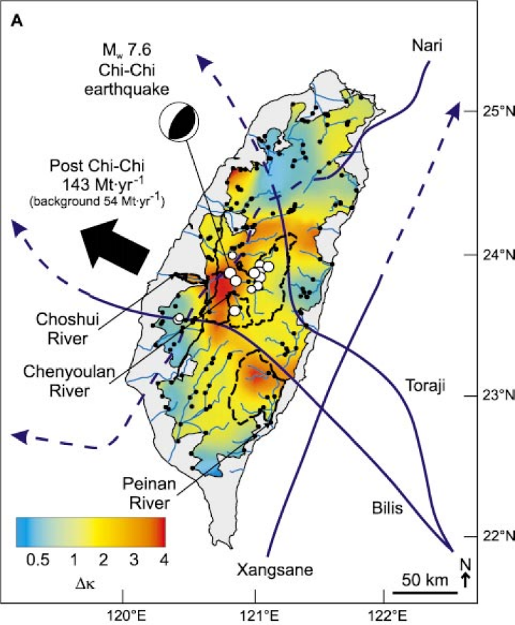 圖8、集集地震前後的濁水溪懸浮沉積物濃度，圖片取自Dadson et al.（2004）