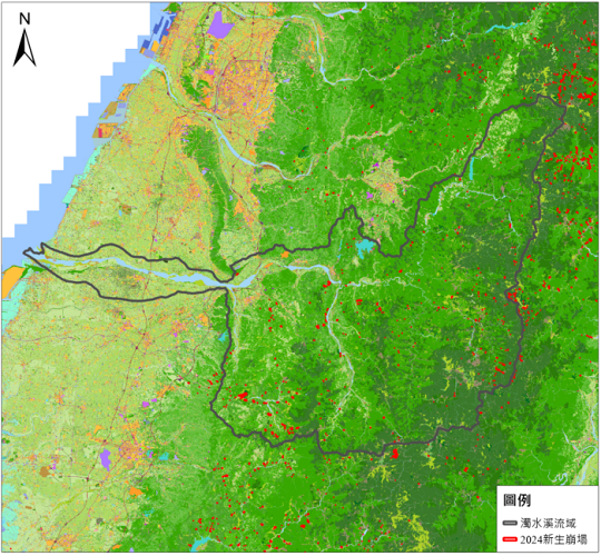 圖 7、濁水溪流域與 2024 年新生崩塌地圖資套疊於國土利用現況調查成果底圖之結果。(來源：本研究)