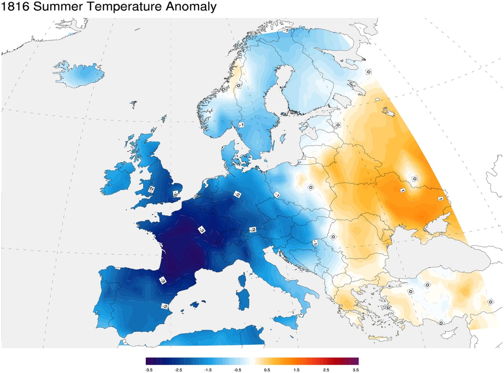 圖四、1816年歐洲夏溫相較於1971 - 2000年正常值的差異 (NOAA authored by Giorgiogp2)