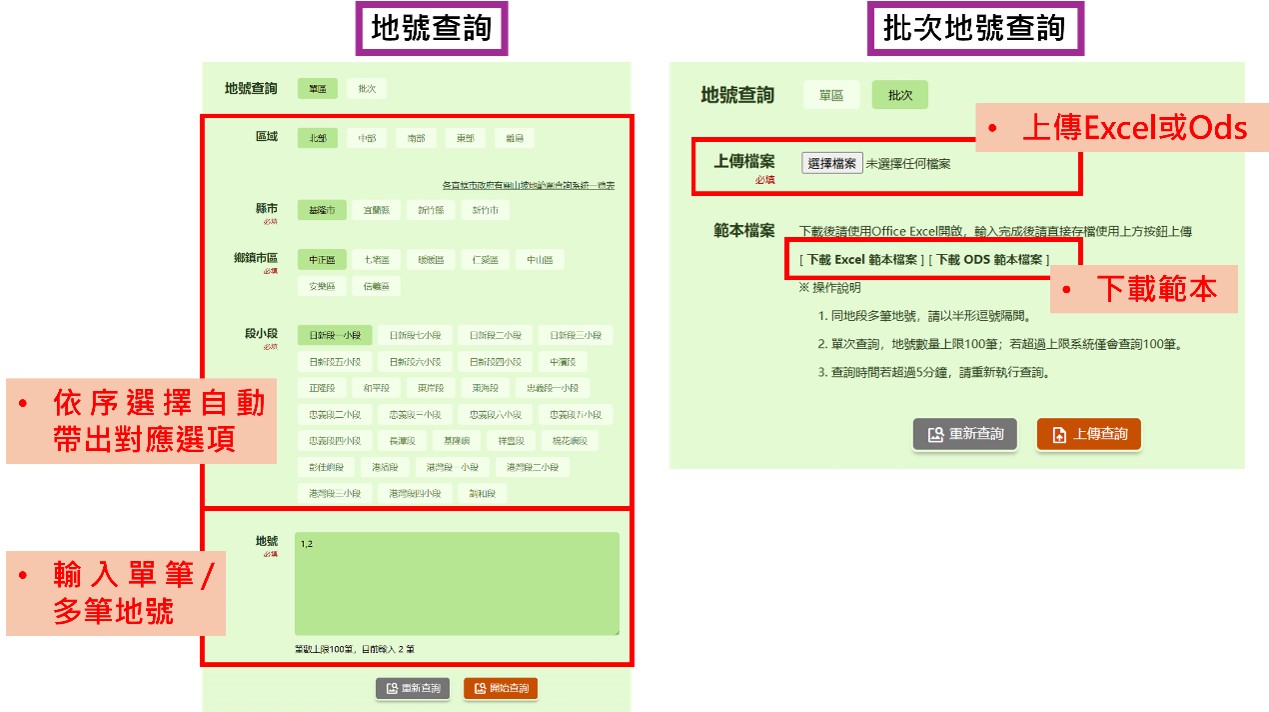 圖4 地號查詢及批次地號查詢