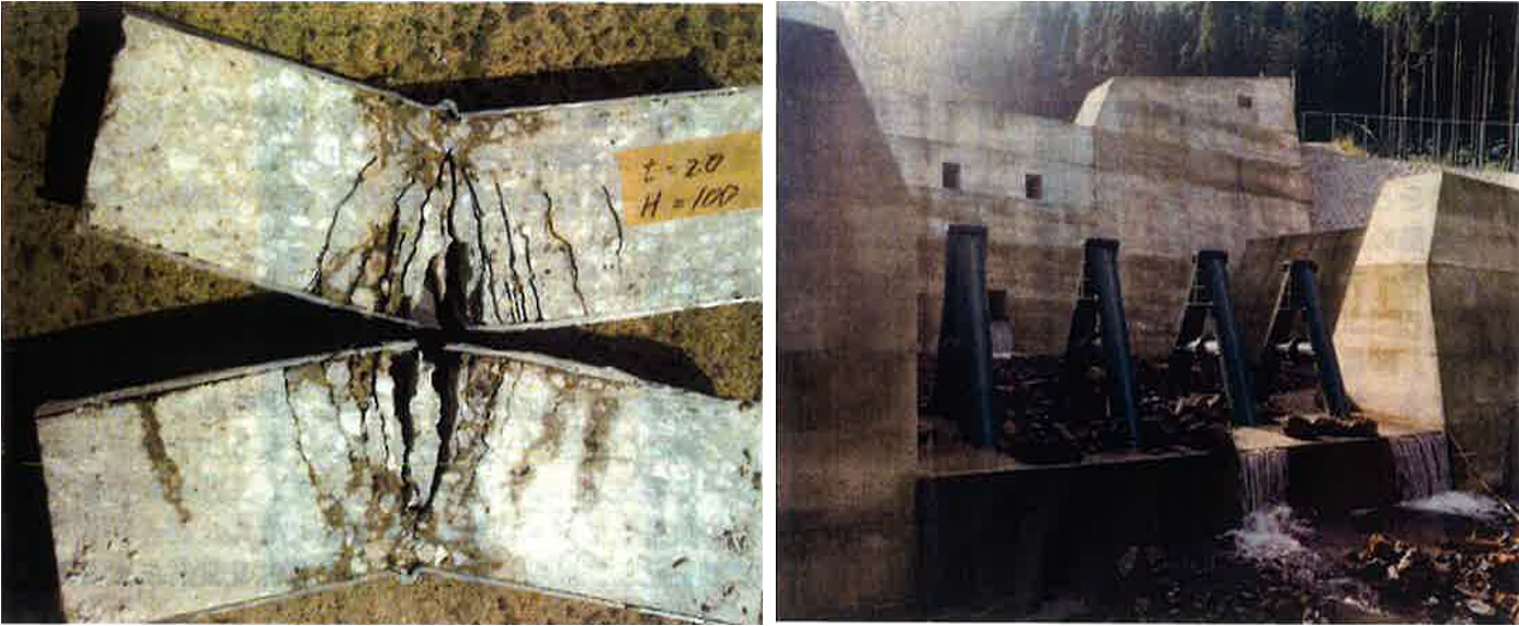 圖3、鋼構造物填充混凝土時撞擊試驗結果(左)、第1代鋼構壩-A型鋼構壩(右)  (資料來源: 砂防鋼構造物研究会)