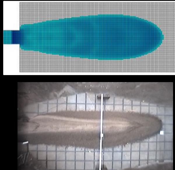 圖12. 溫哥華火山實驗室土石流實驗與HEC-RAS模擬成果比較，出處：截圖自Mud and Debris Flow Modeling with HEC-RAS(Part2- Non-Newtonian Hydraulics), https://www.youtube.com/embed/B1PhAZ8oNPo