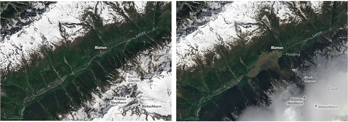 圖4、冰川崩塌掩埋Blatten Village及Lonza river - Landsat衛星影像,圖片取自:https://earthobservatory.nasa.gov/images/154387/glacier-collapse-buries-swiss-village