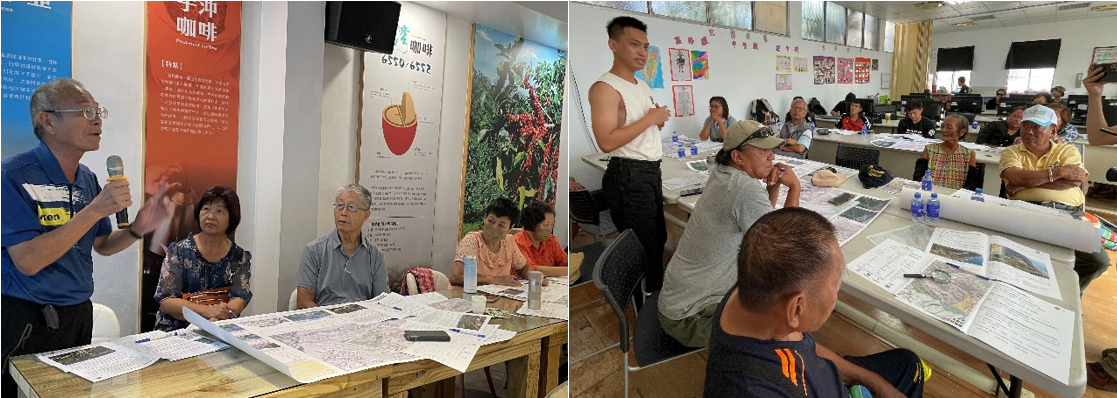 圖4 在114年計畫執行期間，與示範區的在地居民透過土砂災害地形特徵圖進行該地環境特性的討論，華山社區（左）、大鳥部落（右）