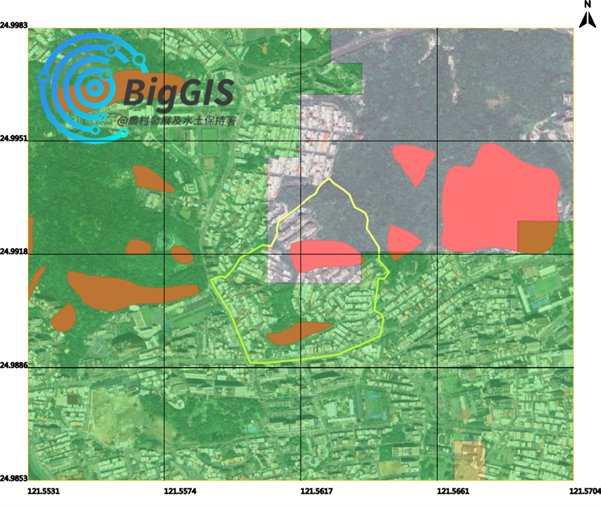 圖三、文山區明興里土壤液化潛勢(綠)及順向坡(紅)位置圖