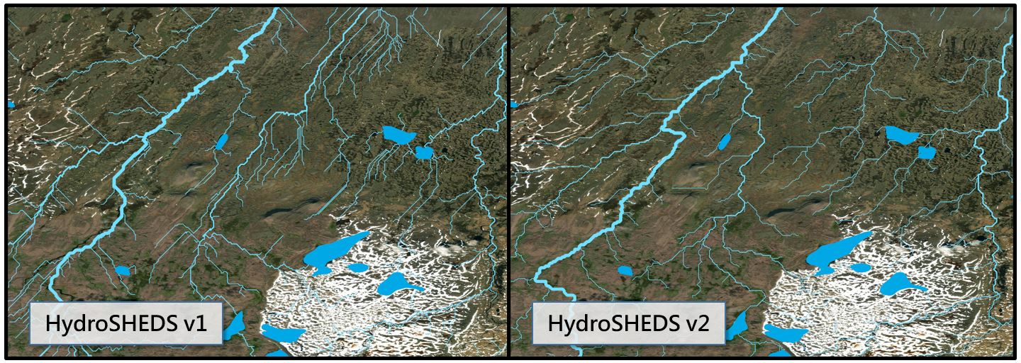 圖5、HydroSHEDS兩版本比較範例圖 (HydroSHEDS v2)