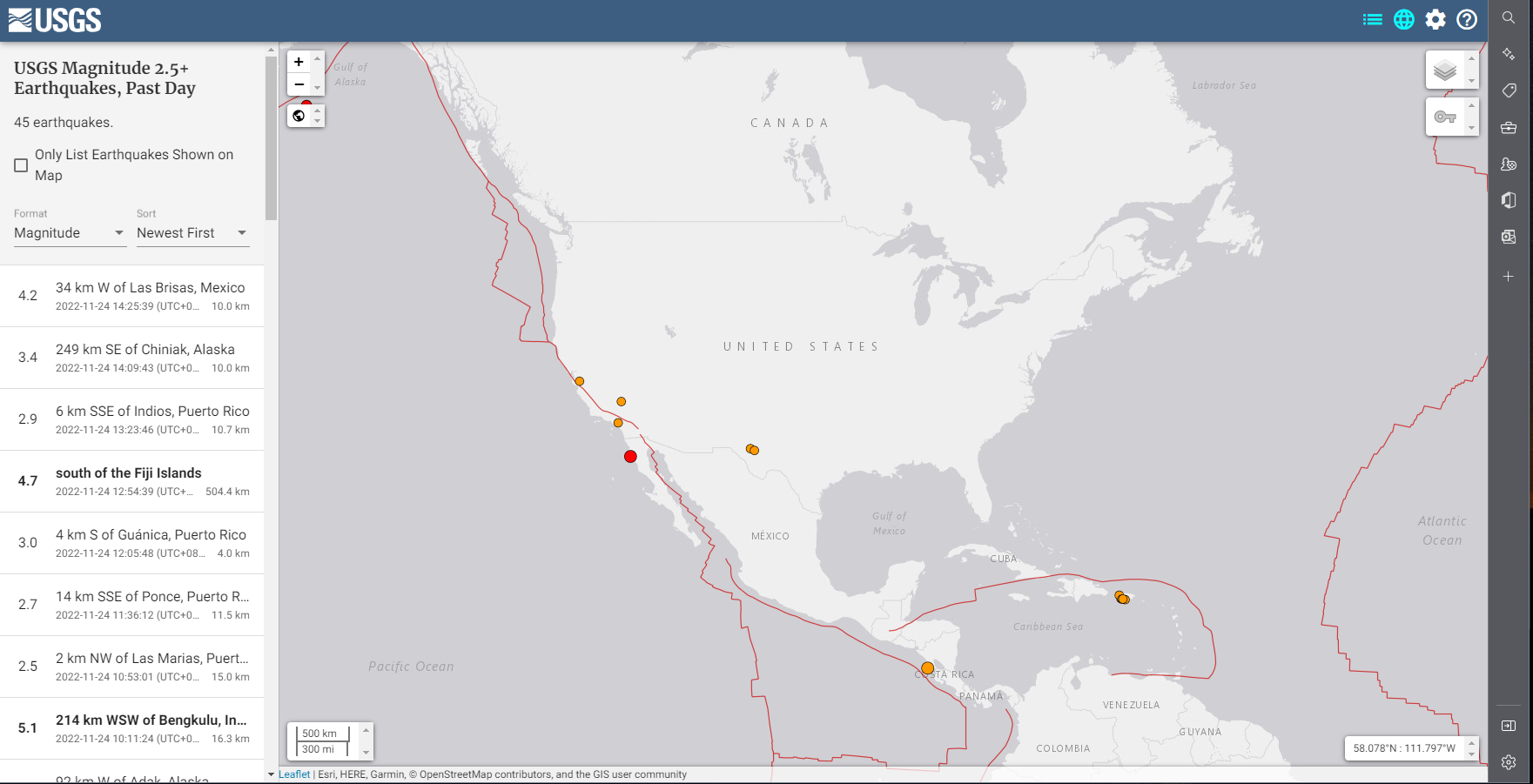 圖4、USGS即時地震資料。來源：https://earthquake.usgs.gov/earthquakes/map/?extent=-0.26367,-152.05078&extent=59.53432,-29.9707