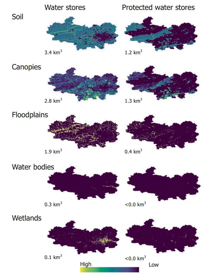 圖 5、綠色基礎設施年總儲水量之空間分布示意圖 (資料來源：Mulligan et al., 2023)