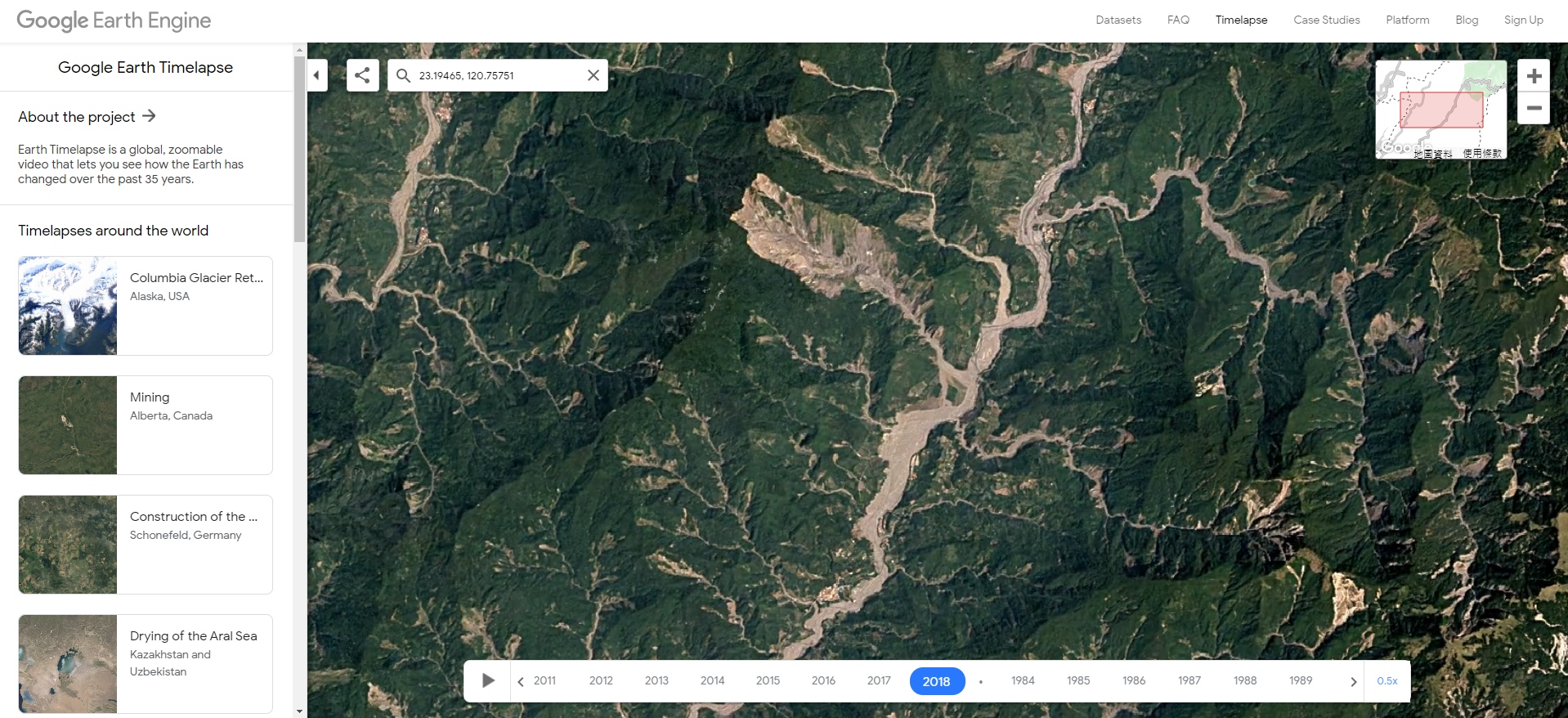 圖二、Google Earth Engine Timelapse布唐布納斯溪於2009年莫拉克颱風發生大規模崩塌 (資料來源: https://earthengine.google.com/timelapse)