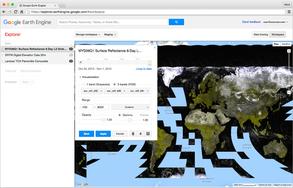 圖三、Google Earth Engine Explorer使用介面 (圖片來源： GEE官網 https://explorer.earthengine.google.com/#workspace)