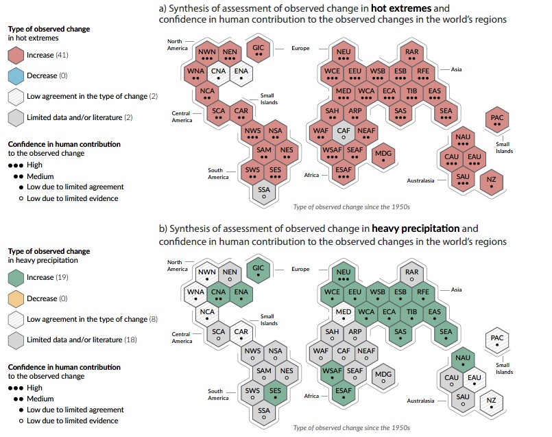 圖 5、極端高溫及強降雨之空間分布圖。(IPCC AR6)