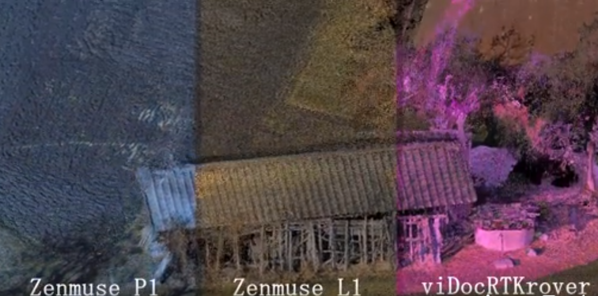 圖7、UAV搭載相機（ZenmuseP1），UAV搭載LIDAR（ZenmuseL1） 和手機掃描器viDocRTKrover 產製點雲在同位置匹配效果(影片參考文章圖號連結) (資料來源: TDR - Takayama Drone Research )