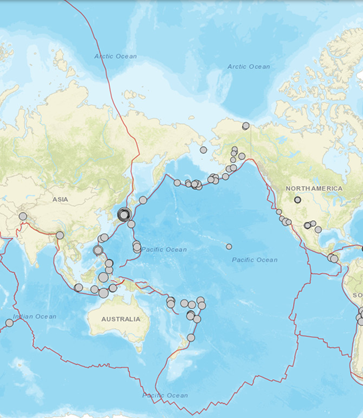 圖二、2024.01.01地震發生地點（資料來源:USGS）