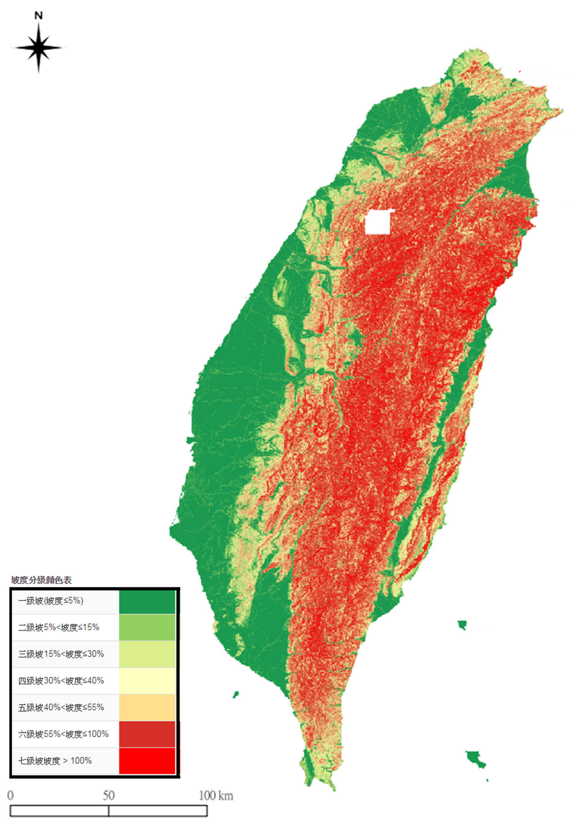 圖2、臺灣的坡度分級圖，資料來源：國土測繪圖資服務雲