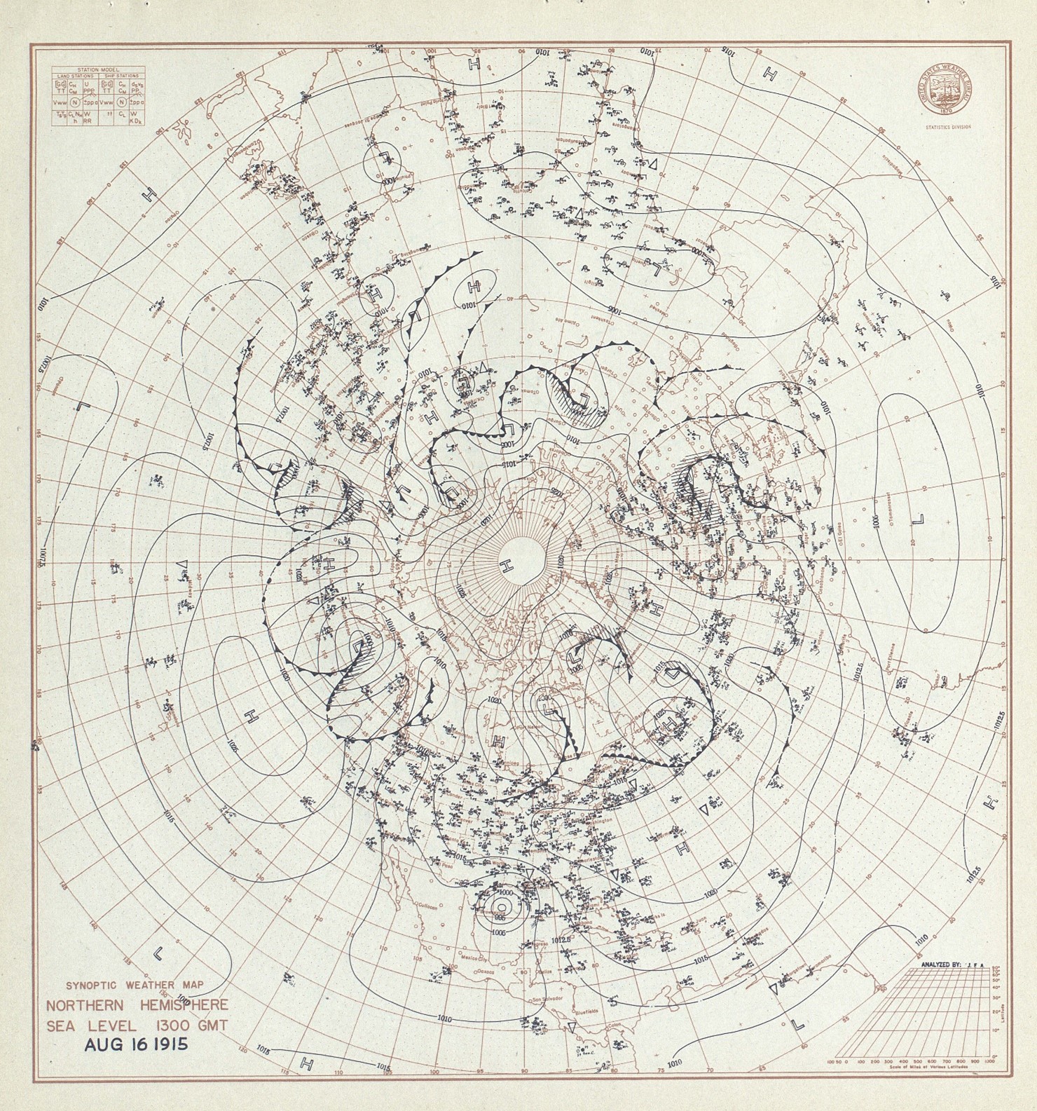 圖3、1915 年 8 月 16 日北半球環流模式的歷史天氣記錄。圖片來源：NOAA 物理科學部