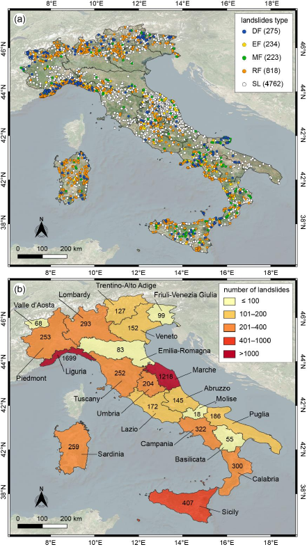 圖 4、ITALICA資料庫之崩塌型態及崩塌數量區位圖  (資料來源： Peruccacci et al., 2023)