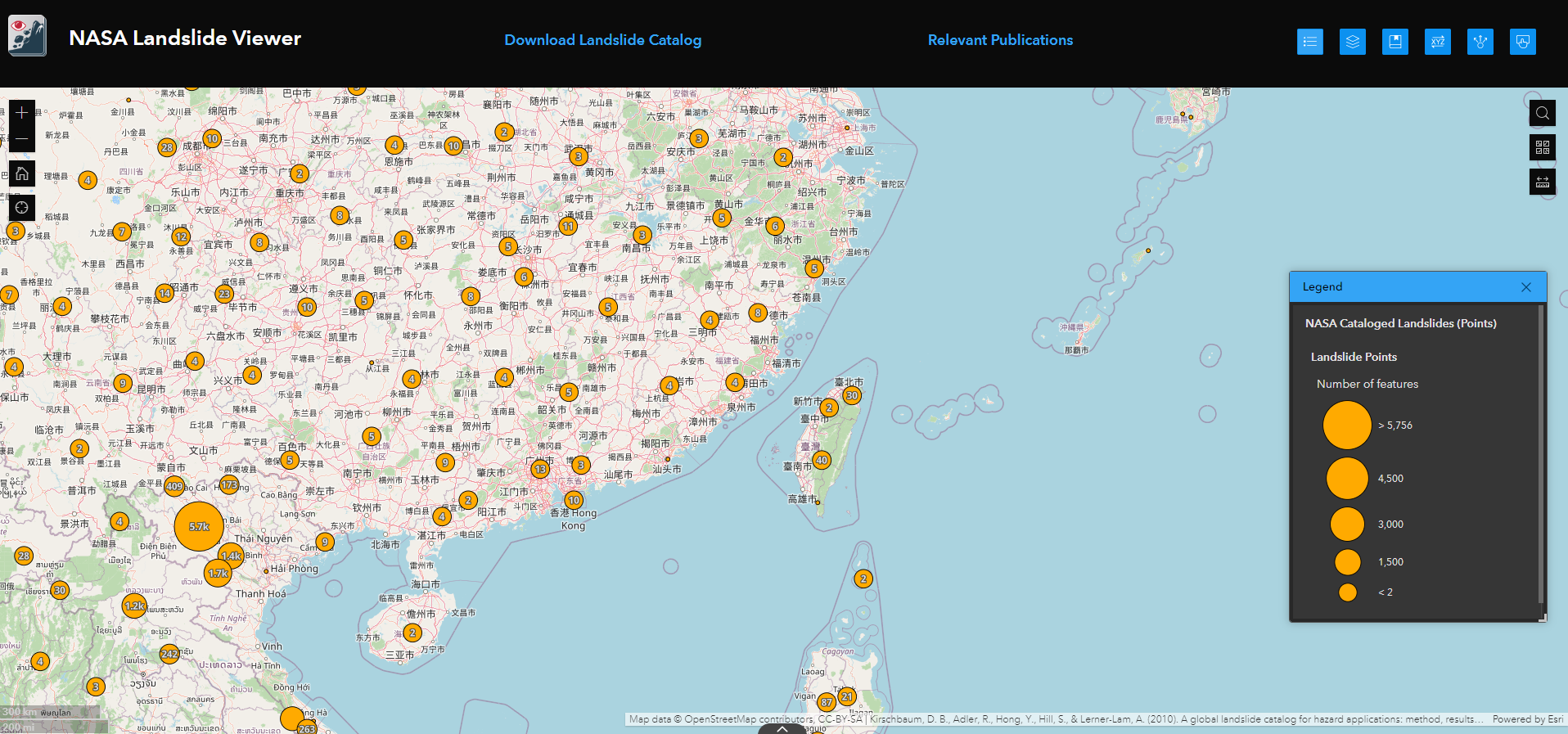 圖 7、NASA Landslide Viewer全球崩塌目錄示意圖  (資料來源：https://landslides.nasa.gov/viewer)