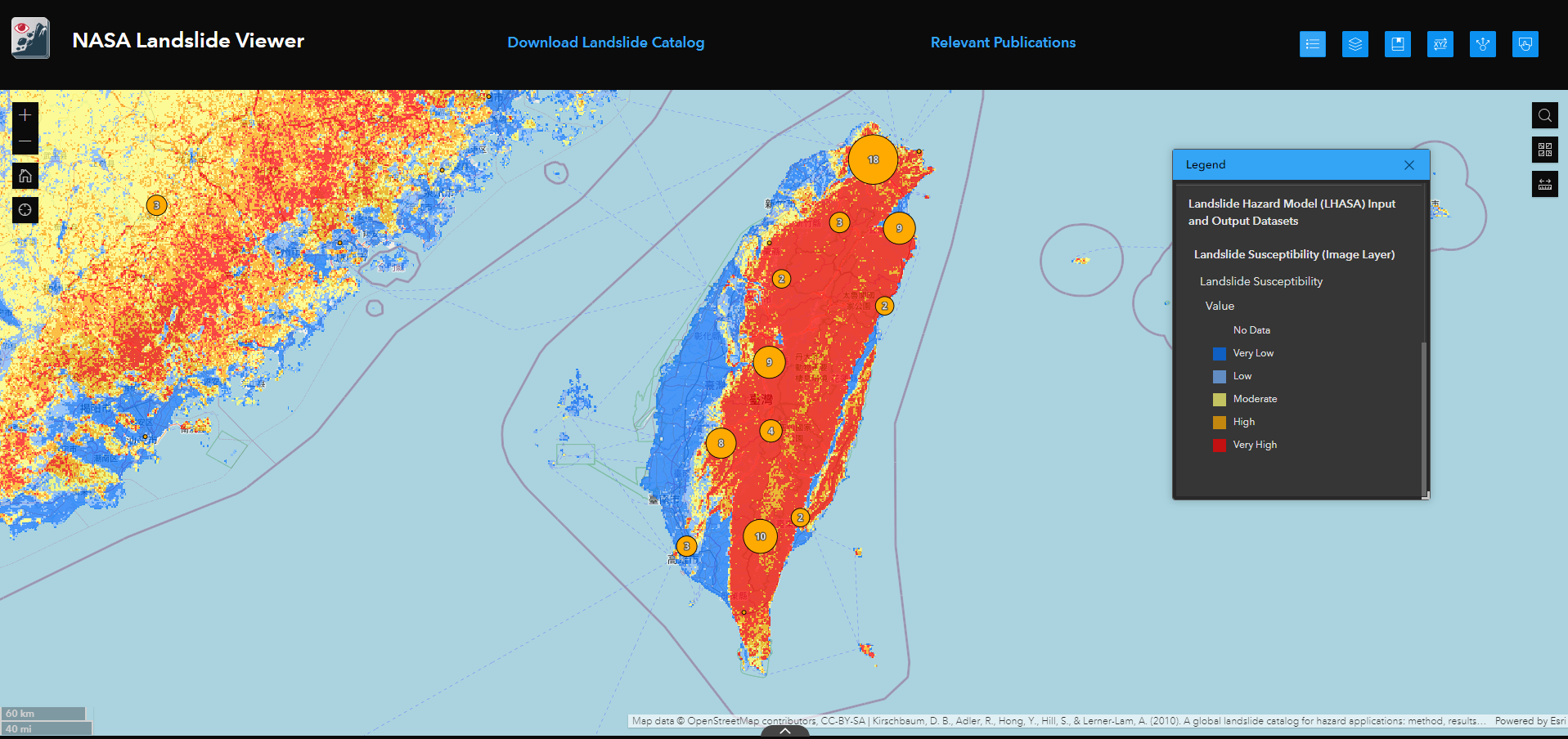 圖 8、NASA Landslide Viewer崩塌災害潛感示意圖  (資料來源：https://landslides.nasa.gov/viewer)