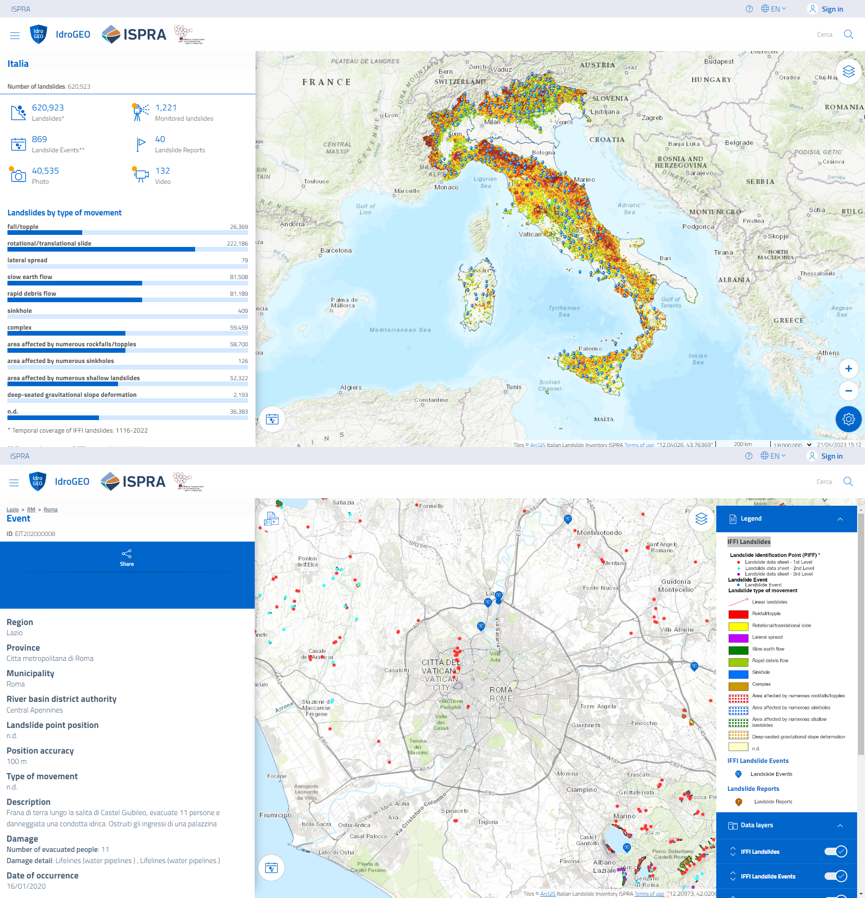 圖 3、義大利崩塌與洪災網頁平台 IdroGEO  (資料來源： https://idrogeo.isprambiente.it/app/)