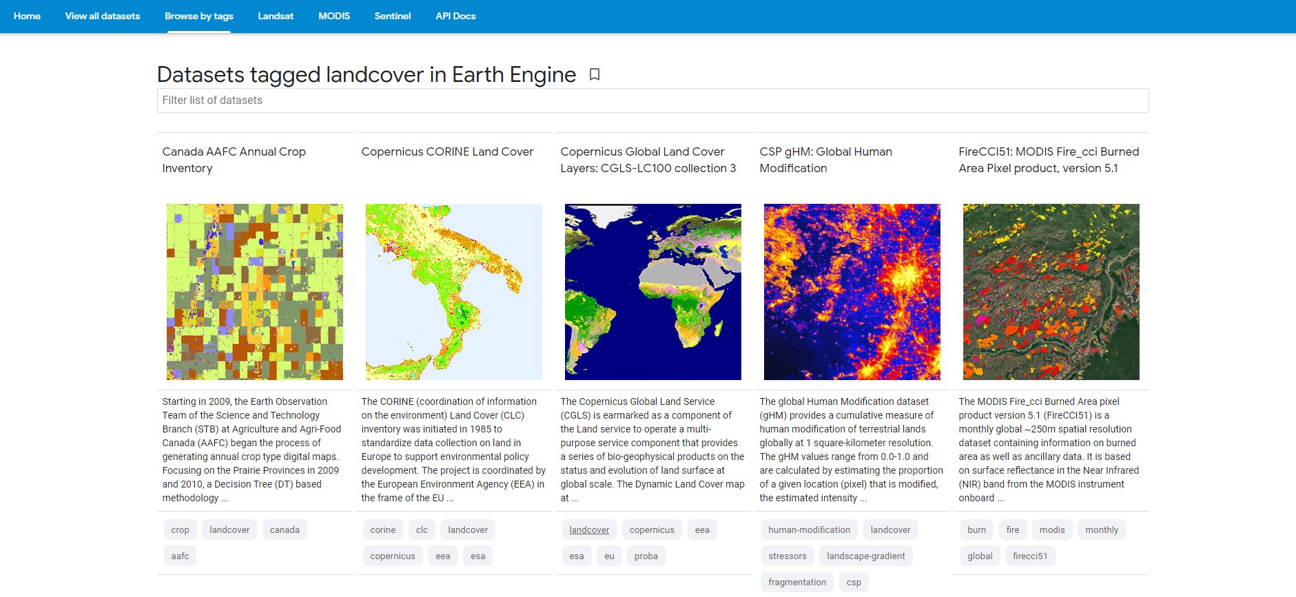 圖5、GEE資料庫收錄之土地覆蓋圖資。 (圖片來源：https://developers.google.com/earth-engine/datasets/tags/landcover)