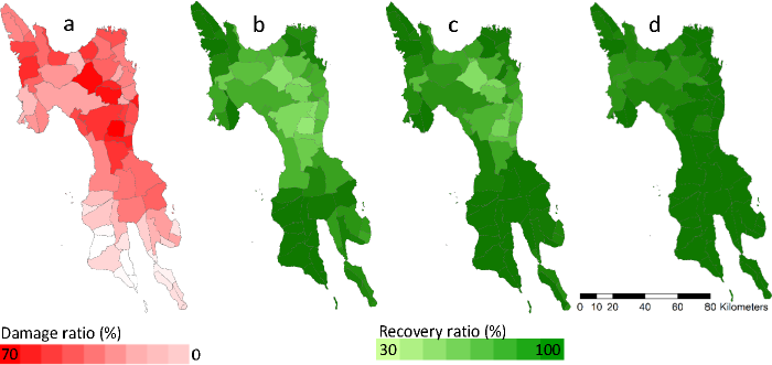 圖9、菲律賓萊特島經海燕颱風前後之危害度及復育度地圖  (a：危害度地圖,  b：災後第一年復育度地圖,  c：災後第二年復育度地圖,  d：災後第三年復育度地圖) (Ghaffarian et al., 2020)