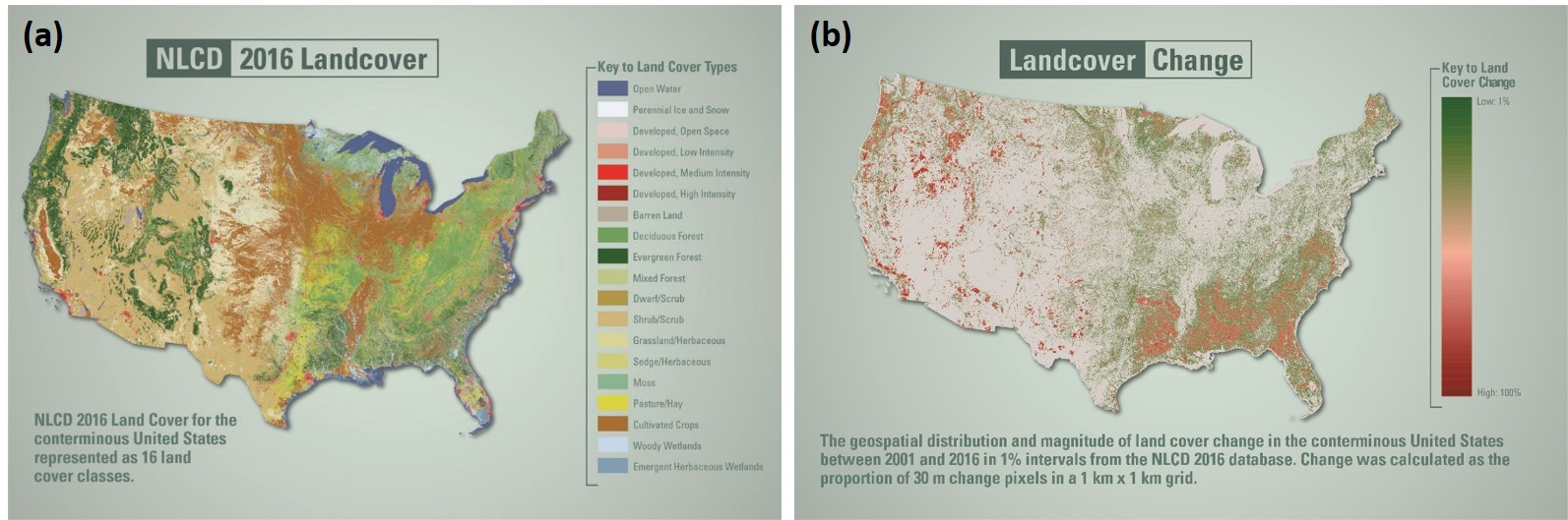 圖4、(a)2016年美國土地利用分類圖 (b) 2001年至2016年土地覆蓋變化圖。 (圖片來源：USGS官網)