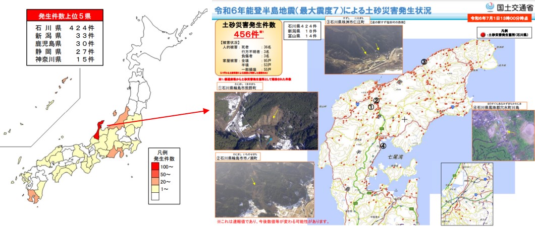 圖二、令和6年能登半島地震土砂災害發生情況 (國土交通省,2024)