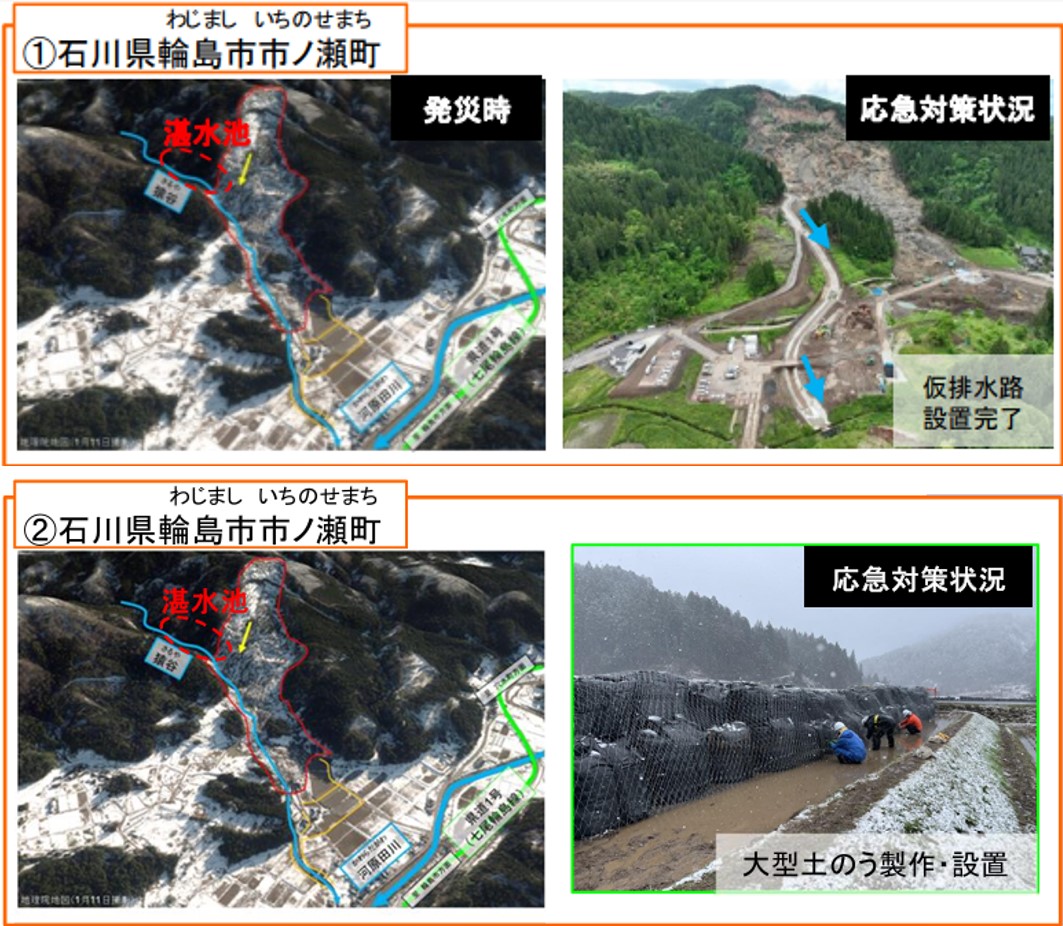 圖十一、石川縣輪島市市ノ瀬町堰塞湖－排水溝及臨時大型土包袋壩 (國土交通省,2024) 