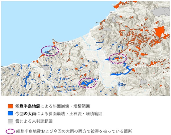 圖９、能登半島地震引發的山崩與本次大雨在同一地點或周圍發生圖（資料來源東京海上ディーアール株式会社，2024）。