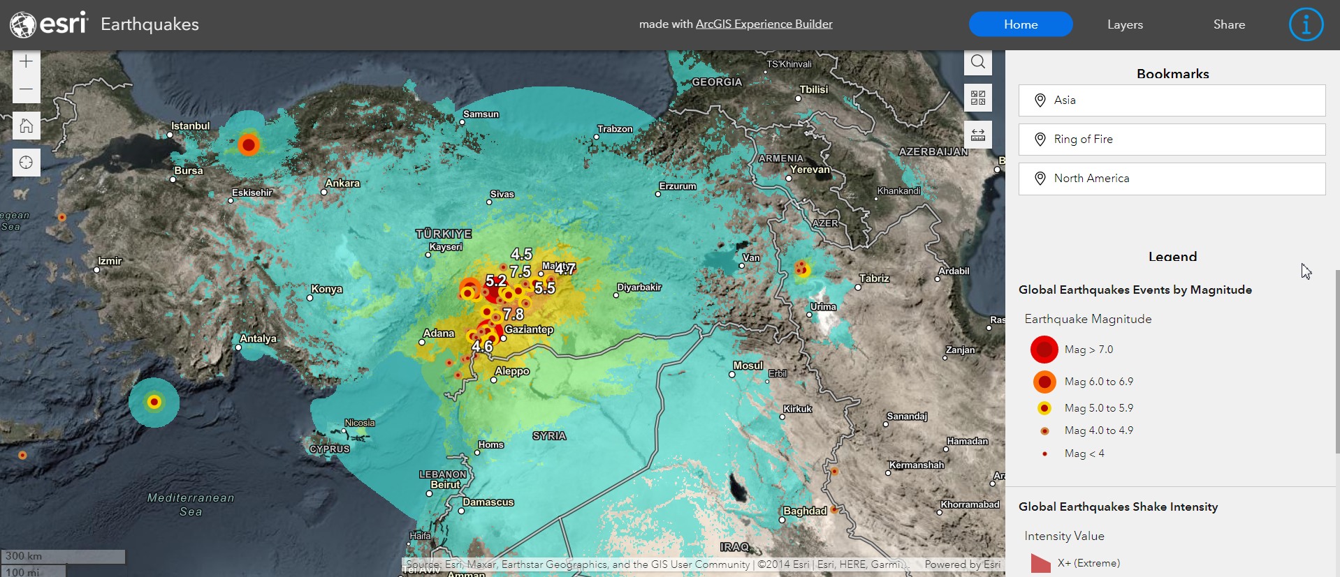 圖4.esri公司應用公開資料產製地震範圍圖。來源：esri