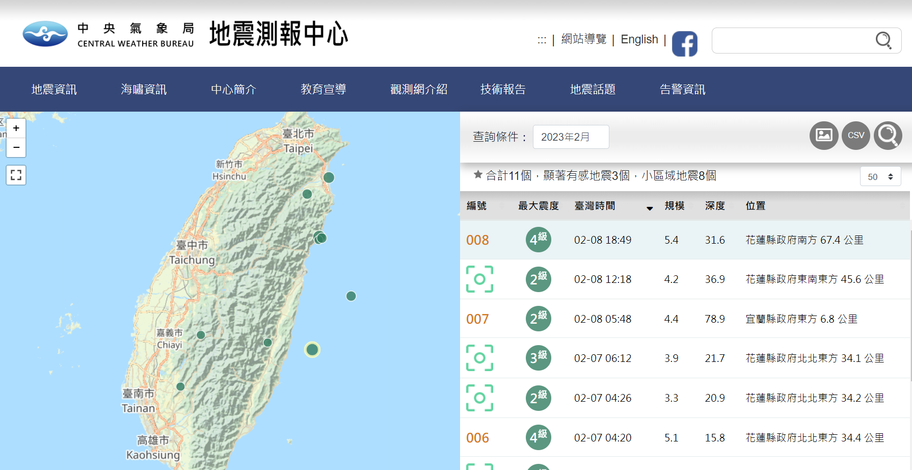 圖10、地震測報中心，即時地震清單。來源：中央氣象局