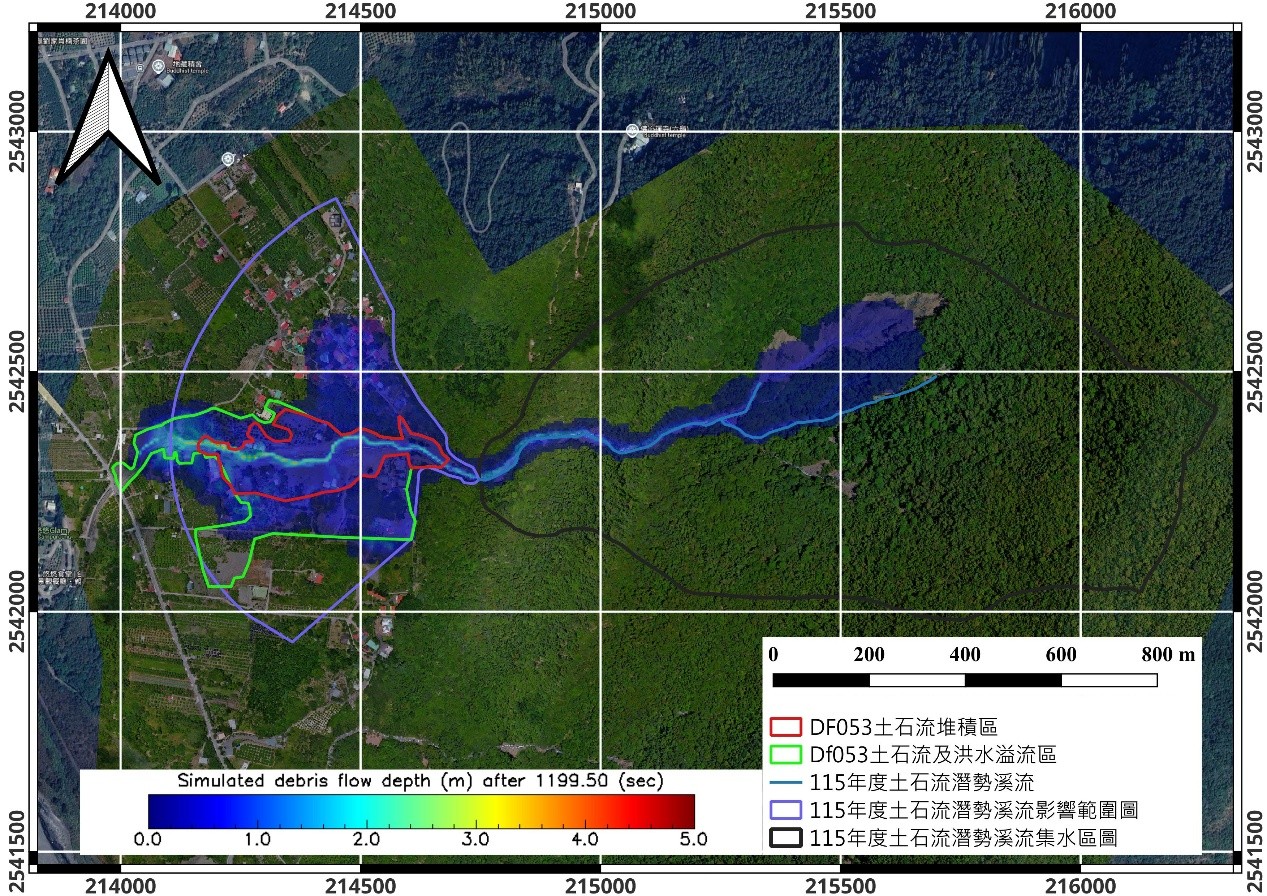 圖 9、SDF模擬土石流影響範圍 (運動黏滯係數=2 m2/s)