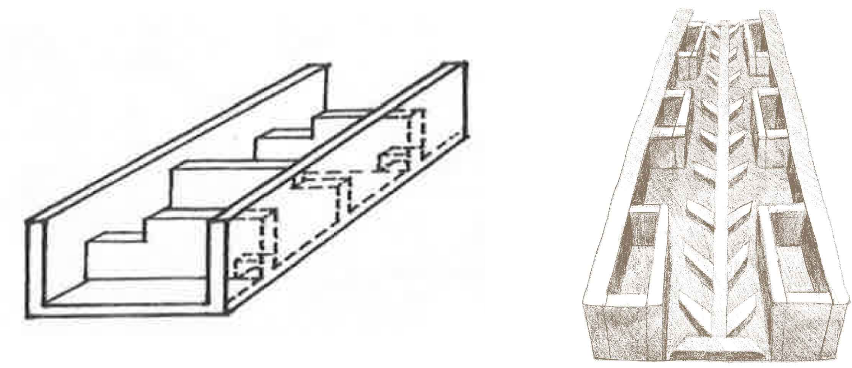 圖二、階段式魚道(左)與改良型舟通式魚道(右)設計示意圖。
