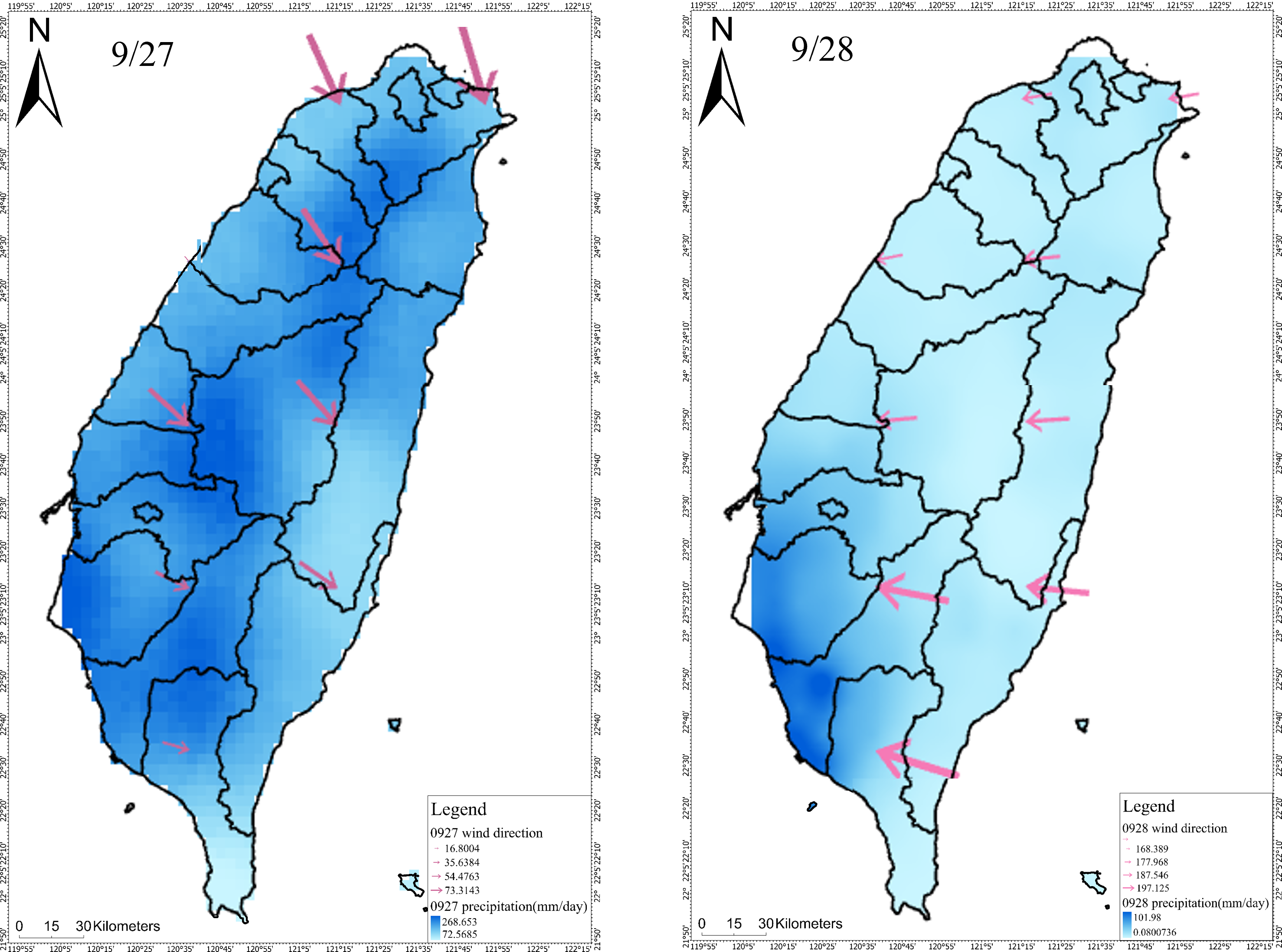圖 4、臺灣於2016年9月27日(左)與28日(右)時的風向與降雨量資料示意圖。粉紫色箭頭為風向，箭頭愈粗代表風速愈強。藍色網格代表降雨量，顏色愈深代表每小時累積降雨量愈多。