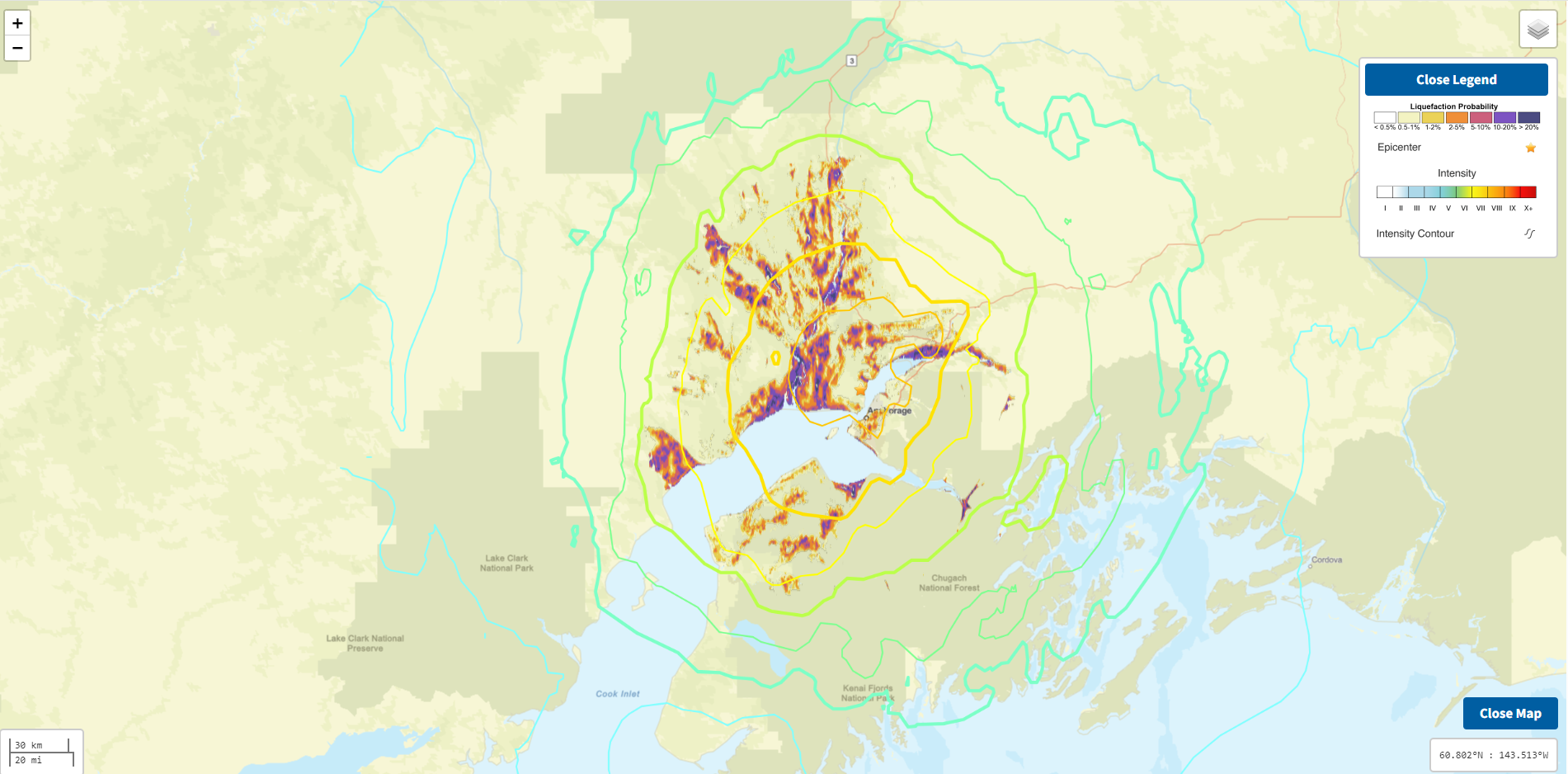 圖八、2018/11/30Mw7.1地震震度以及土壤液化區域圖(來源:USGS)