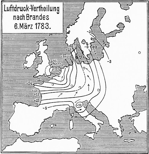 圖2、1783年03月06日當日天氣圖 (Brandes, 1819)