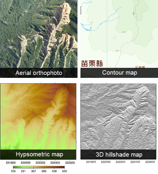 Aerial orthophoto、Contour map、Hypsometric map、3D hillshade map