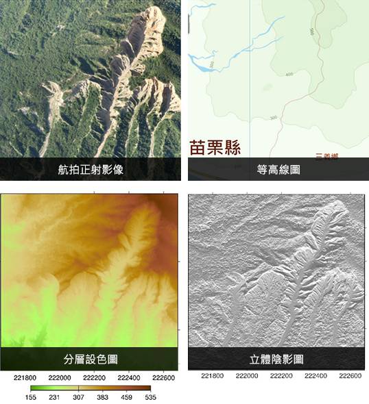 航拍正攝影像、等高線圖、分層設色圖、立體陰影圖