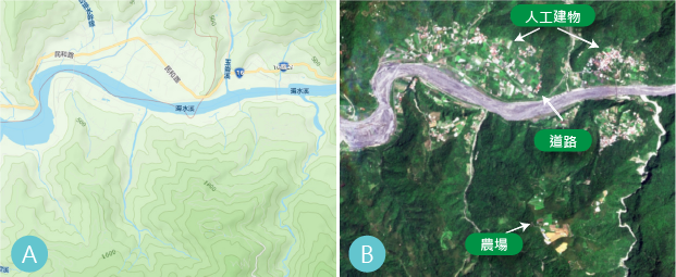 圖2、濁水溪與玉崙溪匯流處之臺灣通用電子地圖和Sentinel-2衛星所拍攝之真實自然色影像