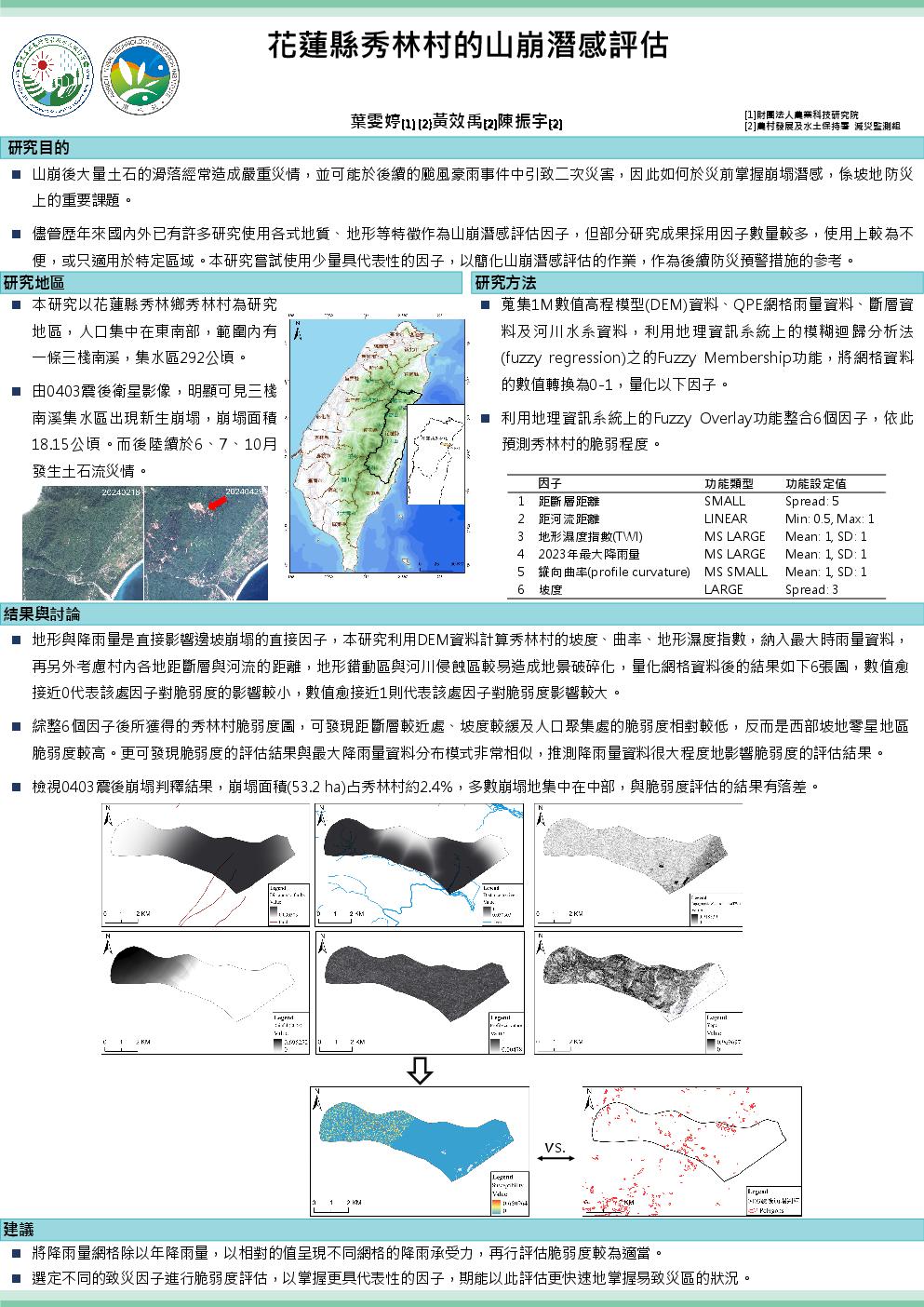 花蓮縣秀林村的山崩潛感評估